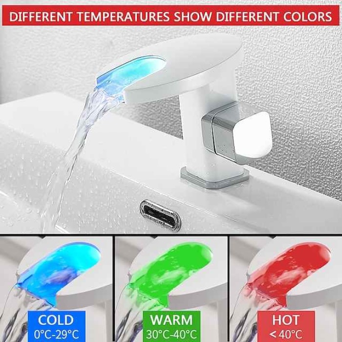 Bathroom Sink Faucet,LED Waterfall Temperature Controlled 3-Colors Electroplated Centerset Single Handle One Hole Bath Taps