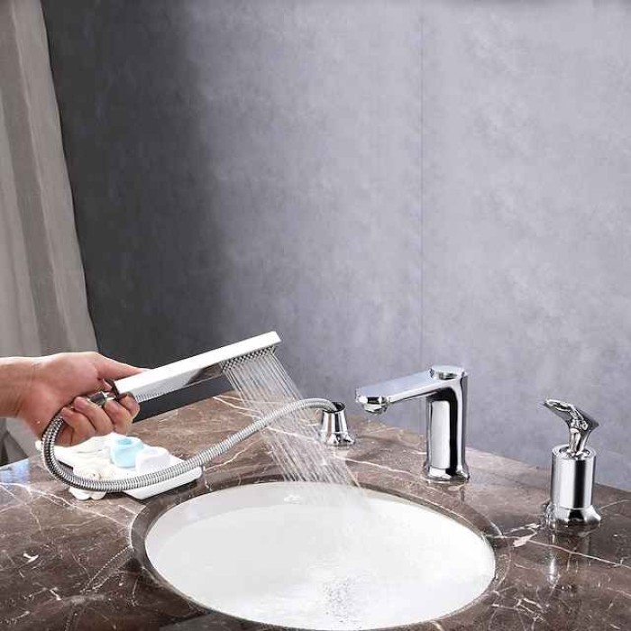 Bathroom Sink Faucet - Pullout Spray / Widespread Chrome / Electroplated Widespread Single Handle Three HolesBath Taps