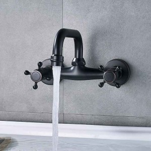 Bathroom Sink Mixer Faucet Wall Mount, Vintage 2 Handle 3 Holes Basin Taps with Cold Hot Water Hose, Washroom Mono Basin Vessel Taps Deck Mounted Oil-rubbed Bronze