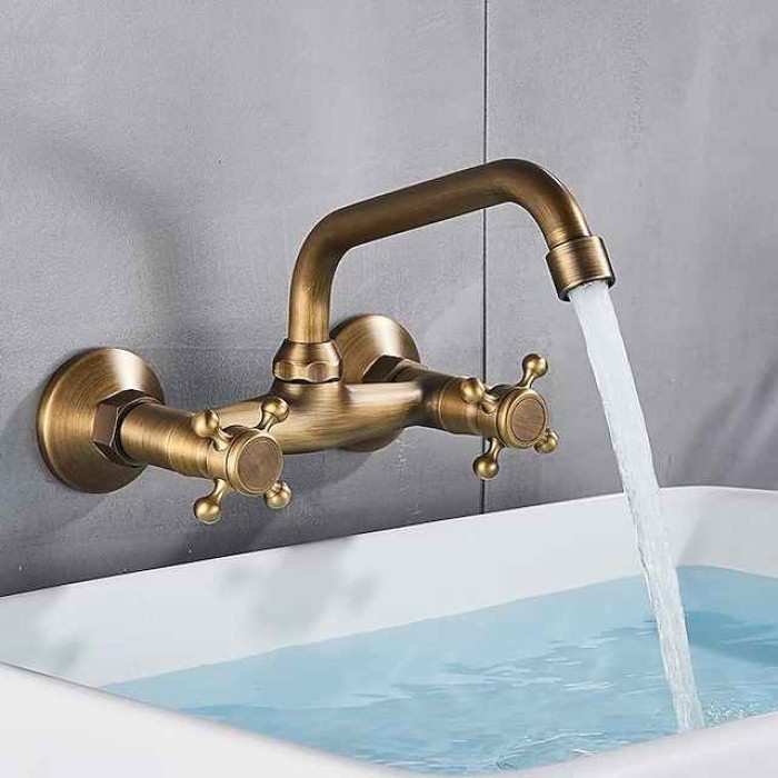 Bathroom Sink Mixer Faucet Wall Mount, Vintage 2 Handle 3 Holes Basin Taps with Cold Hot Water Hose, Washroom Mono Basin Vessel Taps Deck Mounted Oil-rubbed Bronze