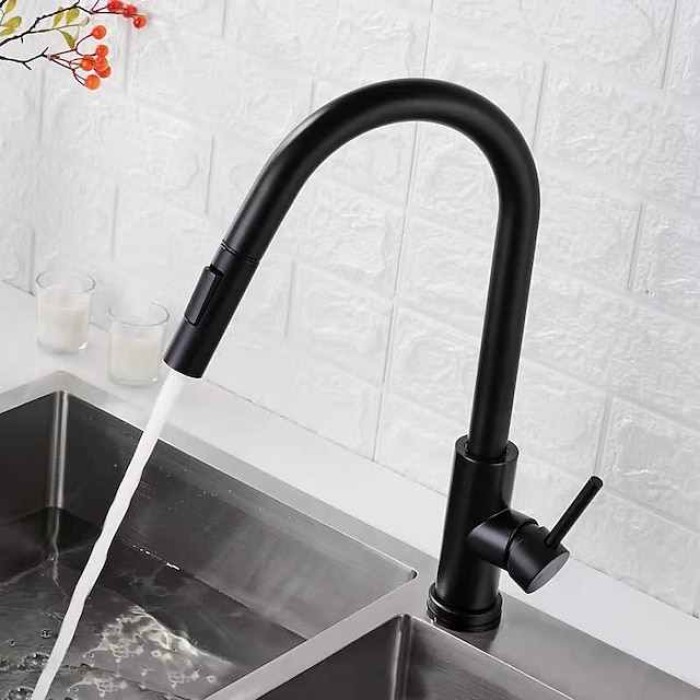 Kitchen Sink Mixer Faucet with Pull Out Sprayer, Stainless Steel Rotatable Vessel Tap, Rainfall/Waterfall Mode Spray Faucet, Black&Silver Kitchen Faucet Tap with Soap Dispenser