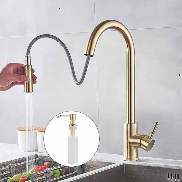 Kitchen Sink Mixer Faucet with Pull Out Sprayer, Stainless Steel Rotatable Vessel Tap, Rainfall/Waterfall Mode Spray Faucet, Black&Silver Kitchen Faucet Tap with Soap Dispenser