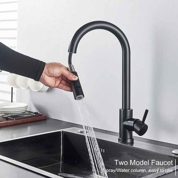 Kitchen Sink Mixer Faucet with Pull Out Sprayer, Stainless Steel Rotatable Vessel Tap, Rainfall/Waterfall Mode Spray Faucet, Black&Silver Kitchen Faucet Tap with Soap Dispenser