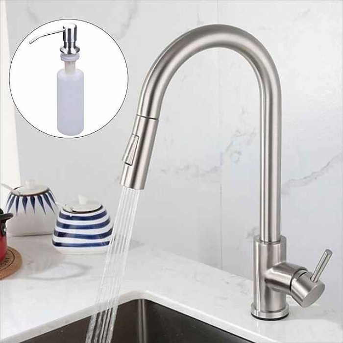 Kitchen Sink Mixer Faucet with Pull Out Sprayer, Stainless Steel Rotatable Vessel Tap, Rainfall/Waterfall Mode Spray Faucet, Black&Silver Kitchen Faucet Tap with Soap Dispenser