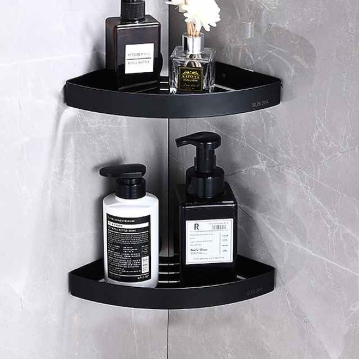 Shower Shelf Corner,Stainless Steel Shower Shelves Wall Mounted Shower Caddy Storage Basket Bathroom Kitchen Organizer, 2 Tier(Black/Silver)