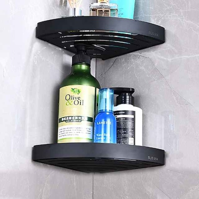 Shower Shelf Corner,Stainless Steel Shower Shelves Wall Mounted Shower Caddy Storage Basket Bathroom Kitchen Organizer, 2 Tier(Black/Silver)