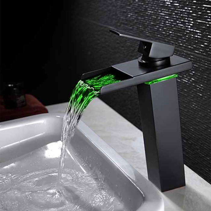 Single Handle Bathroom Faucet, Oil-rubbed Bronze One Hole LED/Waterfall/Centerset Bath Taps, Brass Bathroom Sink Faucet Contain with Cold and Hot Water