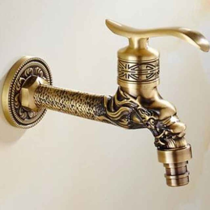 Outdoor Faucet,Wall Mount Antique Brass Faucet,Garden Outdoor Decorative Hose 1/2 inch Connection Spigot Carving Desigh with Cold Water Only