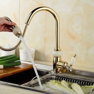 Pull Out Kitchen Sink Mixer Faucet with Sprayer, 360 swivel High Arc Pull Down Kitchen Taps, Vintage Single Handle One Hole Vessel Water Tap with Cold Hot Hose Golden Rose Gold