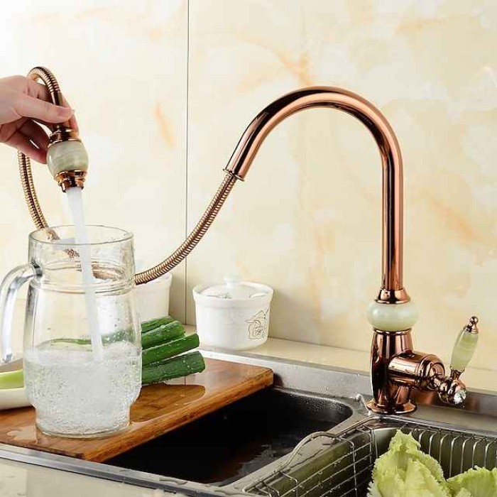 Pull Out Kitchen Sink Mixer Faucet with Sprayer, 360 swivel High Arc Pull Down Kitchen Taps, Vintage Single Handle One Hole Vessel Water Tap with Cold Hot Hose Golden Rose Gold