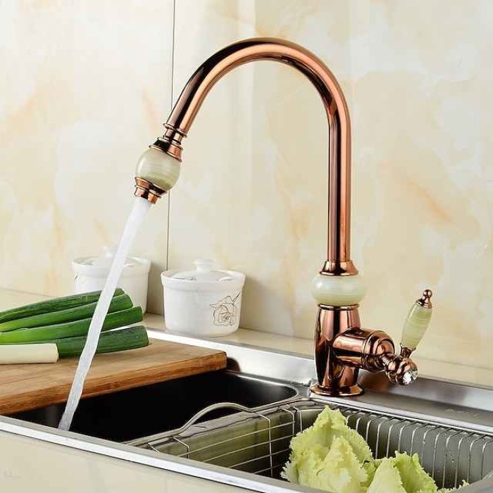 Pull Out Kitchen Sink Mixer Faucet with Sprayer, 360 swivel High Arc Pull Down Kitchen Taps, Vintage Single Handle One Hole Vessel Water Tap with Cold Hot Hose Golden Rose Gold