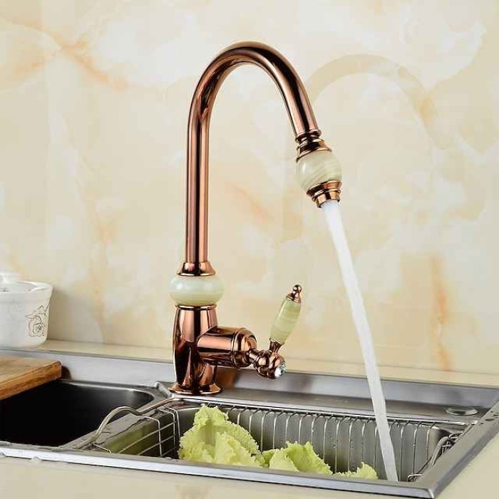 Pull Out Kitchen Sink Mixer Faucet with Sprayer, 360 swivel High Arc Pull Down Kitchen Taps, Vintage Single Handle One Hole Vessel Water Tap with Cold Hot Hose Golden Rose Gold