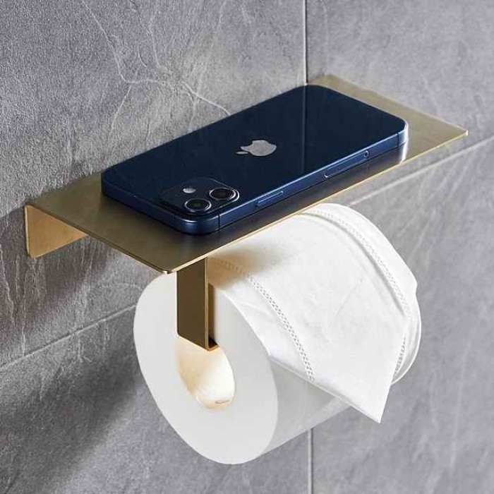 Multi-function Toilet Paper Shelf with Phone Storage Stainless Steel Roll Paper Holder with Screws Wall-mounted  1pc