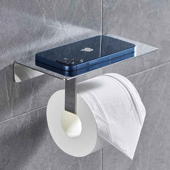 Multi-function Toilet Paper Shelf with Phone Storage Stainless Steel Roll Paper Holder with Screws Wall-mounted  1pc