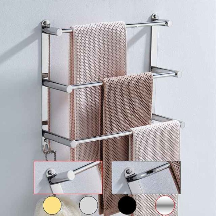 Towel Holder with Hooks,Wall Mounted Stainless Steel 3-Tier Towel Rack Storage Shelf for Bathroom 30cm~70cm Towel Bar Towel Rail Towel Hanger(Matte Black/Chrome)