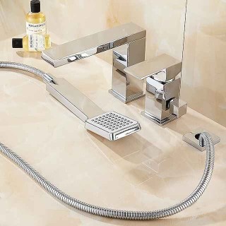 Bathtub Faucet - Contemporary Chrome Free Standing Ceramic Valve Bath Shower Mixer Taps / Three Handles Three Holes