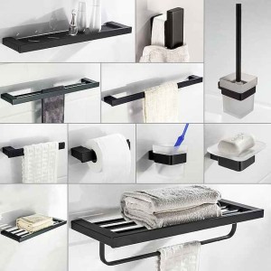 Multifunction Bathroom Accessory 1pc Include Towel Bar/Robe Hook/Towel Rack/Toothbrush Holder/Soap Dishes and Bath Shelf Stainless Steel Wall Mounted Matte Black