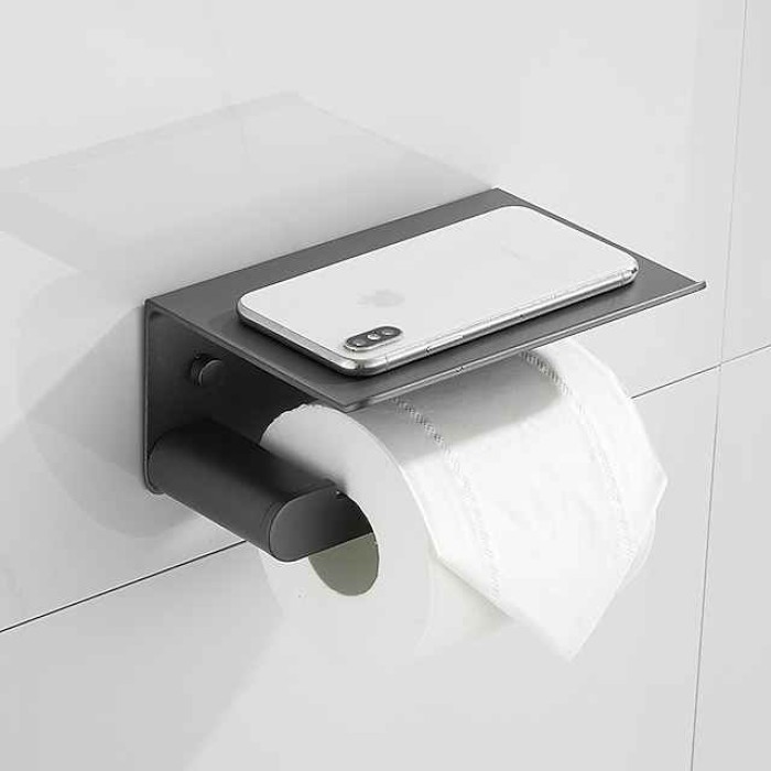 Toilet Paper Holder with Shelf Wall Mounted,Aluminum Toilet Paper Roll Holder, Tissue Roll with Mobile Phone Storage