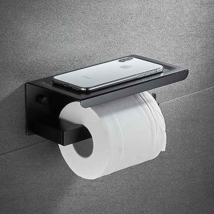 Toilet Paper Holder with Shelf Wall Mounted,Aluminum Toilet Paper Roll Holder, Tissue Roll with Mobile Phone Storage