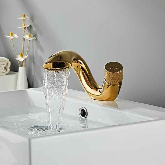 Waterfall Bathroom Sink Mixer Faucet, Mono Wash Basin Single Handle Basin Taps, Monobloc Vessel Water Brass Tap Deck Mounted with Hot and Cold Hose