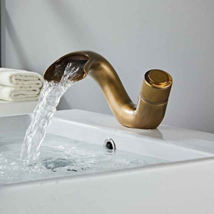 Waterfall Bathroom Sink Mixer Faucet, Mono Wash Basin Single Handle Basin Taps, Monobloc Vessel Water Brass Tap Deck Mounted with Hot and Cold Hose