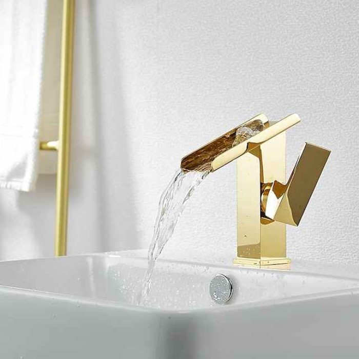 Waterfall Bathroom Sink Mixer Faucet Tall, Basin Taps Single Handle Deck Mounted with Cold and Hot Hose