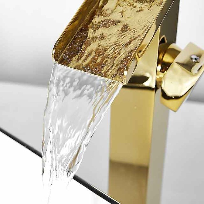 Waterfall Bathroom Sink Mixer Faucet Tall, Basin Taps Single Handle Deck Mounted with Cold and Hot Hose