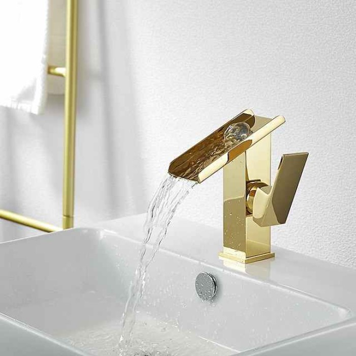 Waterfall Bathroom Sink Mixer Faucet Tall, Basin Taps Single Handle Deck Mounted with Cold and Hot Hose