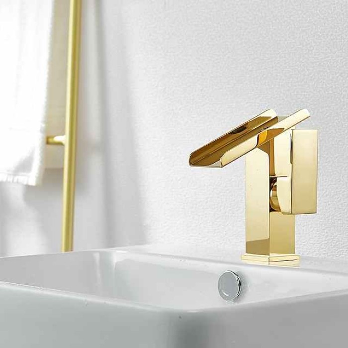 Waterfall Bathroom Sink Mixer Faucet Tall, Basin Taps Single Handle Deck Mounted with Cold and Hot Hose