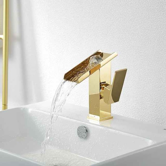 Waterfall Bathroom Sink Mixer Faucet Tall, Basin Taps Single Handle Deck Mounted with Cold and Hot Hose