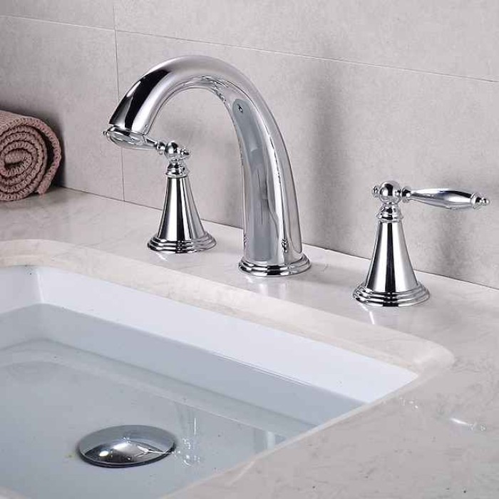 Bathroom Sink Faucet,Widespread Brass Two Handles Three Holes Bathroom Faucet with Valve and Hot/Cold Switch