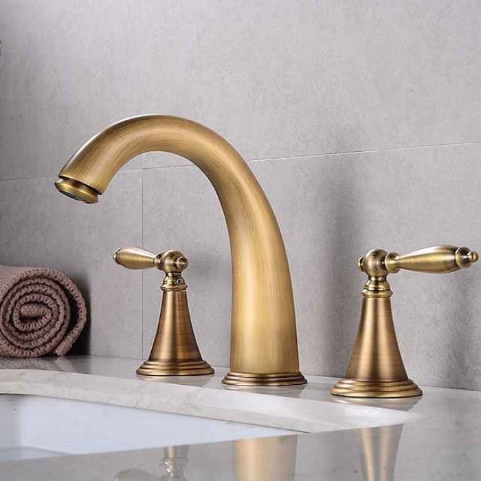 Bathroom Sink Faucet,Widespread Brass Two Handles Three Holes Bathroom Faucet with Valve and Hot/Cold Switch