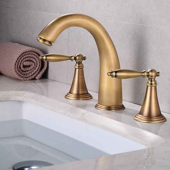 Bathroom Sink Faucet,Widespread Brass Two Handles Three Holes Bathroom Faucet with Valve and Hot/Cold Switch