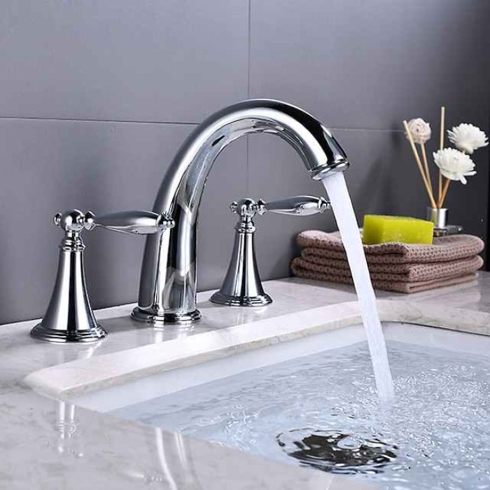 Bathroom Sink Faucet,Widespread Brass Two Handles Three Holes Bathroom Faucet with Valve and Hot/Cold Switch