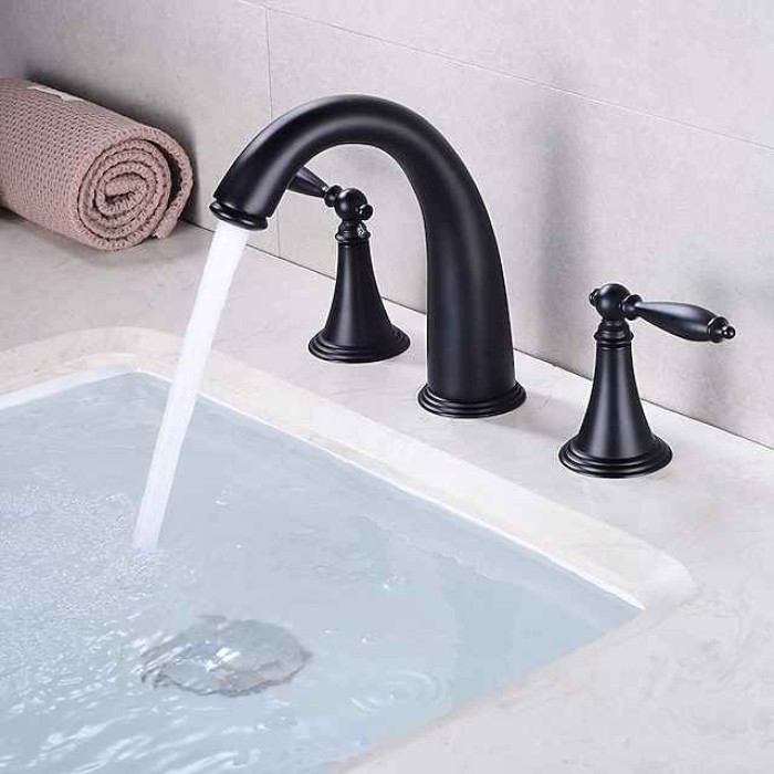 Bathroom Sink Faucet,Widespread Brass Two Handles Three Holes Bathroom Faucet with Valve and Hot/Cold Switch