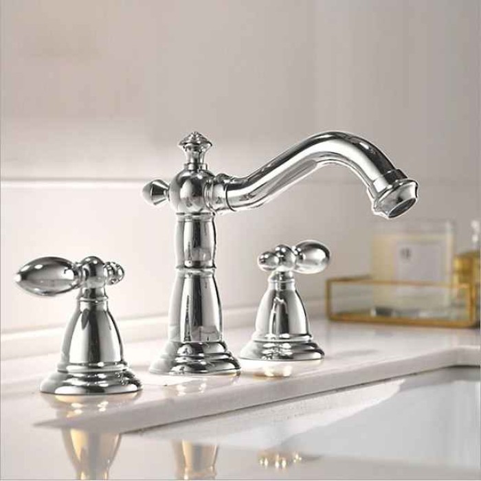 Vintage Widespread Bathroom Sink Mixer Faucet, 360 Swivel Retro Style Brass 3 Hole 2 Handle Basin Tap Deck Mounted, Washroom Basin Vessel Water Tap with Hot and Cold Hose