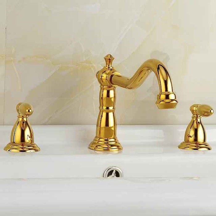 Vintage Widespread Bathroom Sink Mixer Faucet, 360 Swivel Retro Style Brass 3 Hole 2 Handle Basin Tap Deck Mounted, Washroom Basin Vessel Water Tap with Hot and Cold Hose