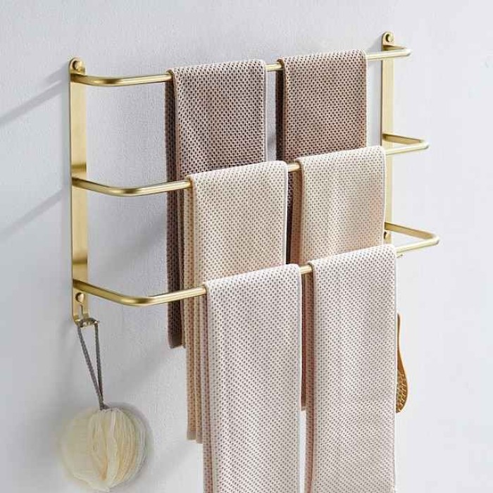 Bathroom Three-layer Shelf with Hooks Stainless Steel Multi-function Towel Rack Polished Silver and Brushed 1pc