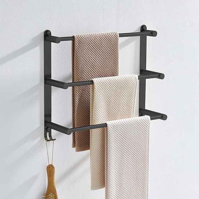 Wall Mounted Towel Rack with Hooks,Stainless Steel 3-TierTowel Bar Storage Shelf for Bathroom 30cm~70cm Towel Holder Towel Rail Towel Hanger