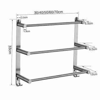 Bathroom Three-layer Shelf with Hooks Stainless Steel Multi-function Towel Rack Wall Mounted Matte Gold and Brushed 1pc