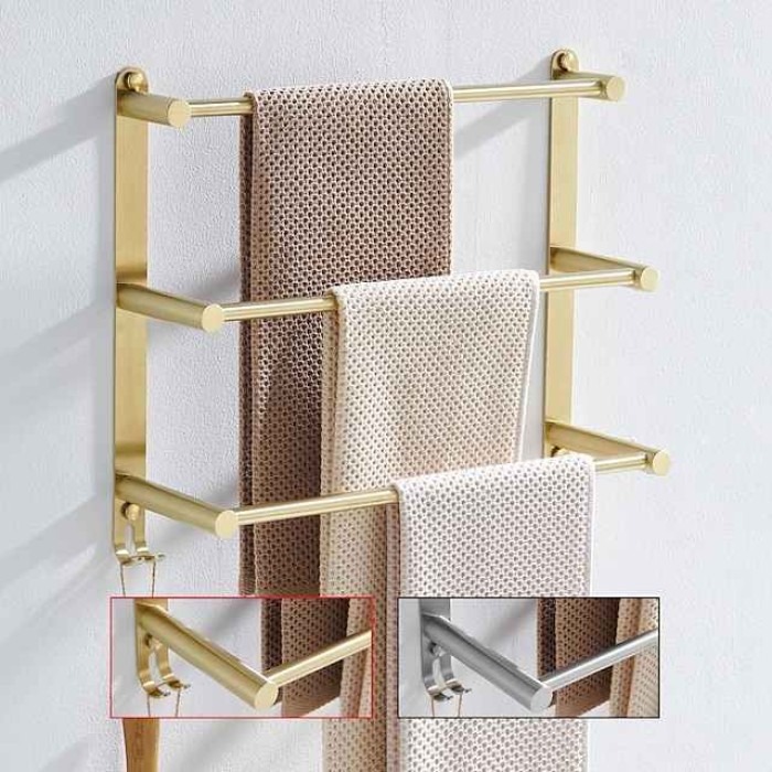 Bathroom Three-layer Shelf with Hooks Stainless Steel Multi-function Towel Rack Wall Mounted Matte Gold and Brushed 1pc