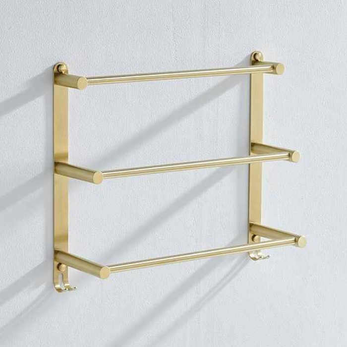 Bathroom Three-layer Shelf with Hooks Stainless Steel Multi-function Towel Rack Wall Mounted Matte Gold and Brushed 1pc