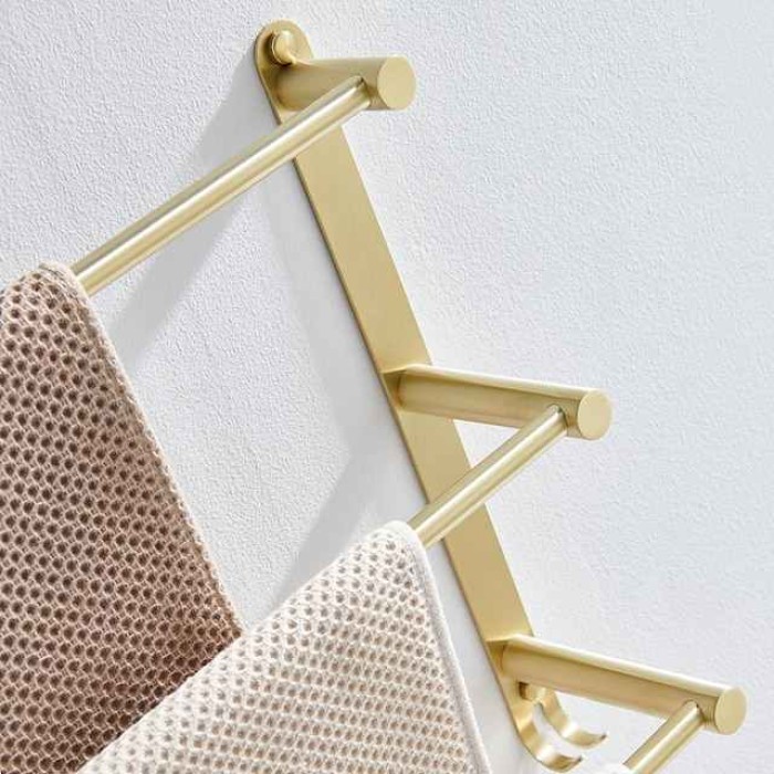 Bathroom Three-layer Shelf with Hooks Stainless Steel Multi-function Towel Rack Wall Mounted Matte Gold and Brushed 1pc