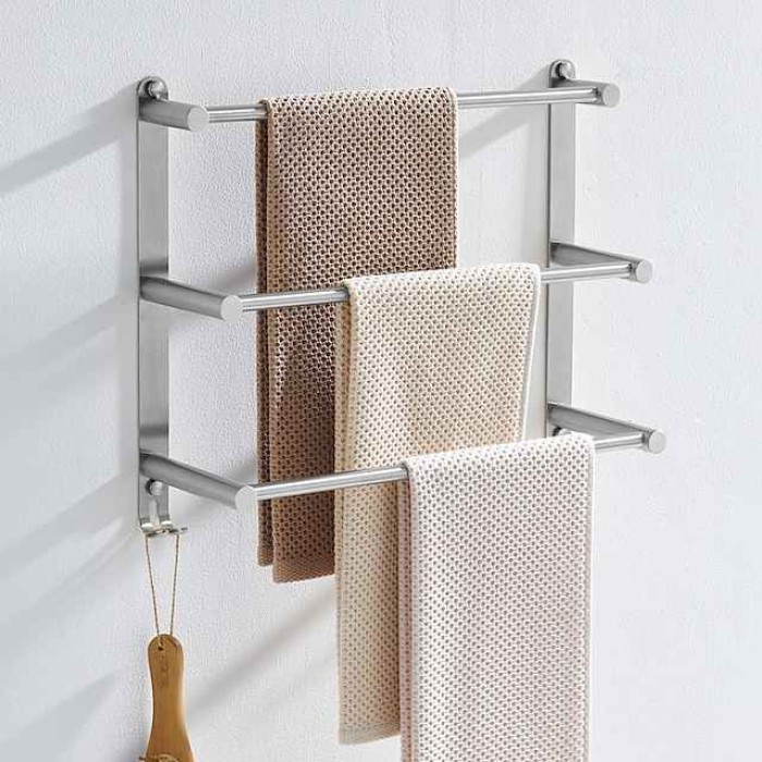 Bathroom Three-layer Shelf with Hooks Stainless Steel Multi-function Towel Rack Wall Mounted Matte Gold and Brushed 1pc