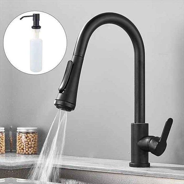 Kitchen Faucet with Sprayer,Matte Black Brass 4-Function Single Handle One Hole Button Design Pull-out / Pull-down Centerset Contemporary Kitchen Taps(with Soap Dispenser)