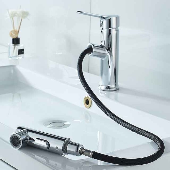 Bathroom Sink Faucet - Pull out / Pullout Spray Electroplated / Painted Finishes Centerset Single Handle Two HolesBath Taps / Brass