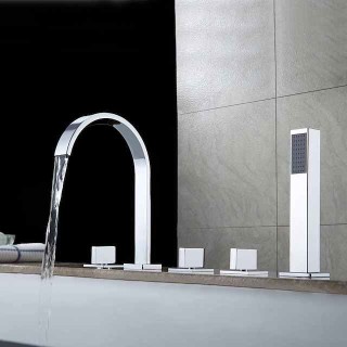 Bathtub Faucet Multi-hole Deck Mounted with Heldhand Showerhand, Bath Tub Filler Mixer Brass Taps 5 Hole 3 Handle Chrome