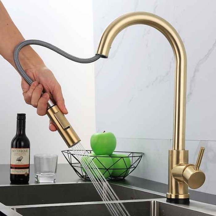 Kitchen Sink Mixer Faucet Stainless Steel with Pull Out Sprayer, 360° Rotatable Multi-function Pull Down Single Handle Kitchen Vessel Tap Brushed Gold Finish