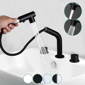 Widespread Bathroom Sink Mixer Faucet Pull Out 2 Mode Spout Sprayer, 360° Rotatable Washroom Basin Tap Brass Deck Mounted, with Hot and Cold Water Vessel Tap