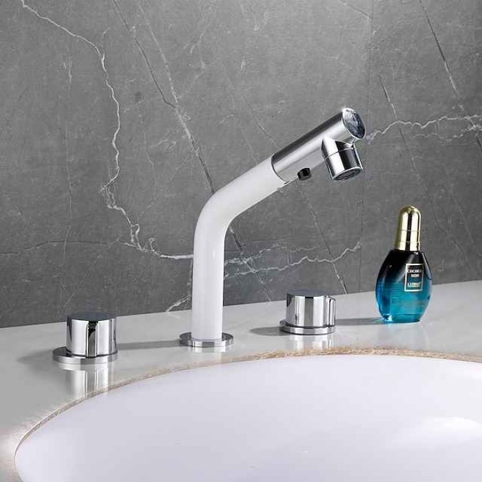 Widespread Bathroom Sink Mixer Faucet Pull Out 2 Mode Spout Sprayer, 360° Rotatable Washroom Basin Tap Brass Deck Mounted, with Hot and Cold Water Vessel Tap